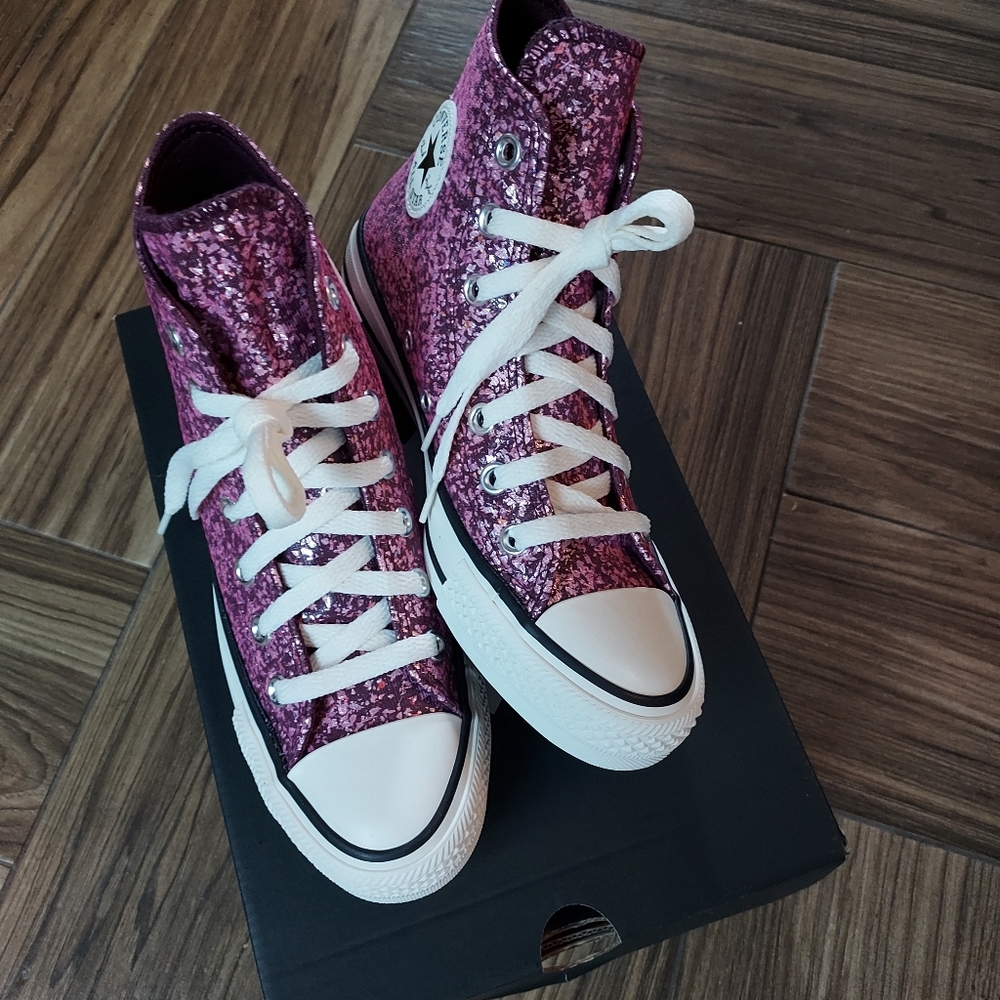 Converse All Star Pink High-Top Sneakers. Painted fleck-glitter canvas.  NWB - Picture 6 of 11